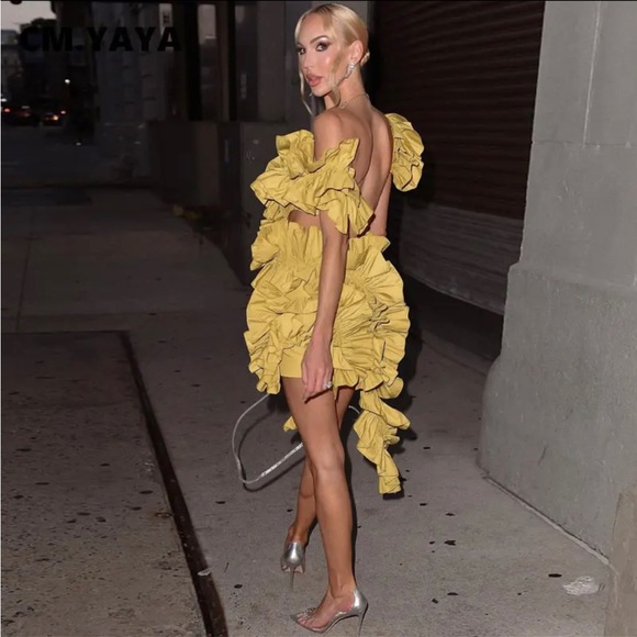 24hr SALE Olive Tired High Low Italian luxury Asymmetrical Dress Sexy Club Party - Picture 2 of 6